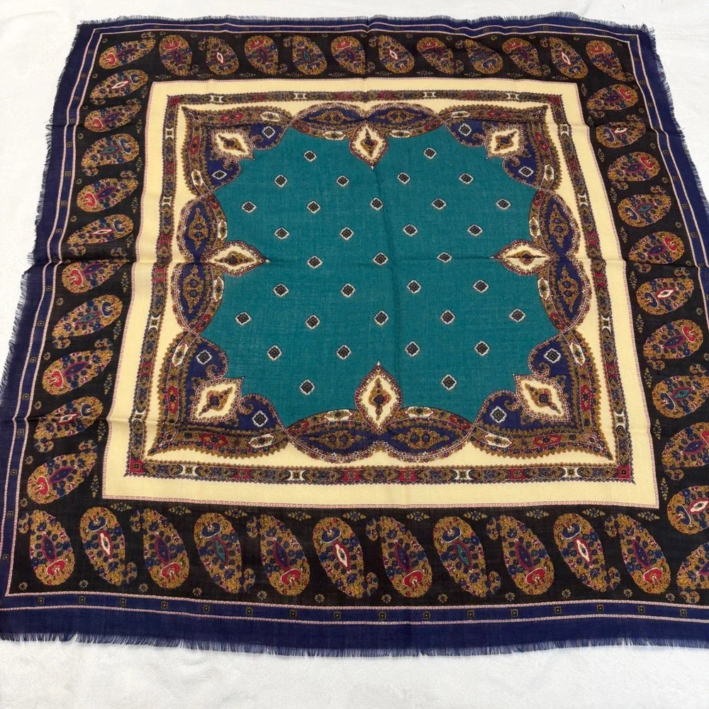Echo 100% Wool Scarf Made in Japan Paisley Floral Teal Navy Blue Square 29x29
